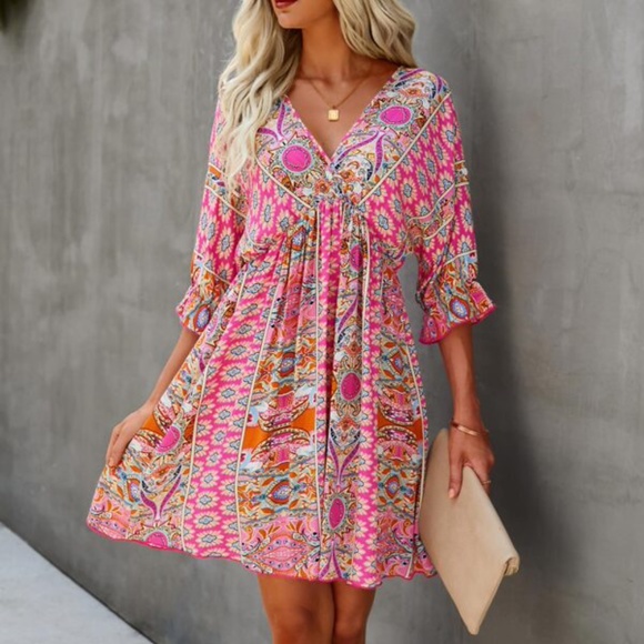 Boho Red Floral Print Ruffle Sleeve Mini Dress Cottagecore - Picture 11 of 13